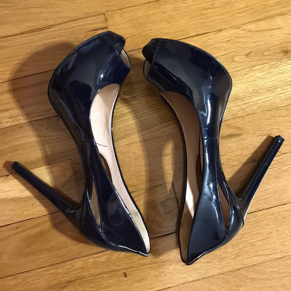 Navy blue patent peep toe heels